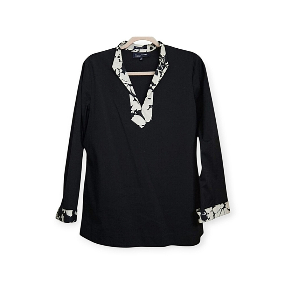 Jones New York Black & White Collared Tunic Top, Medium